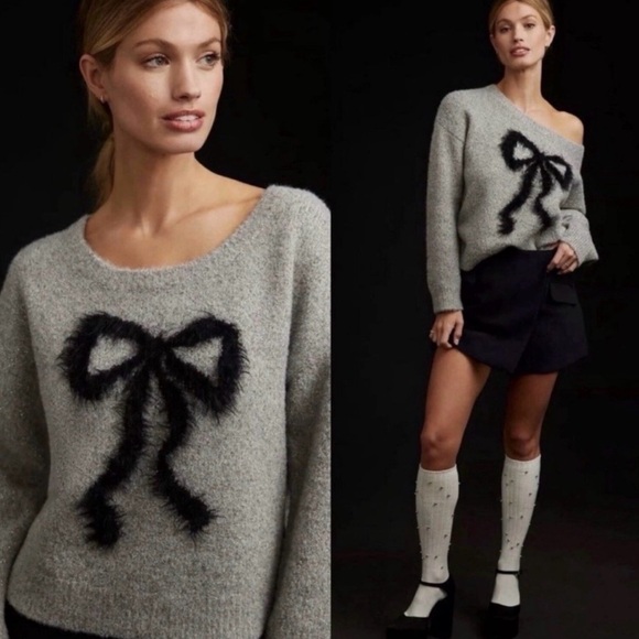 Maeve Anthropologie Gray Metallic Sparkle Fuzzy Bow Sweater Women’s Medium - Picture 2 of 9
